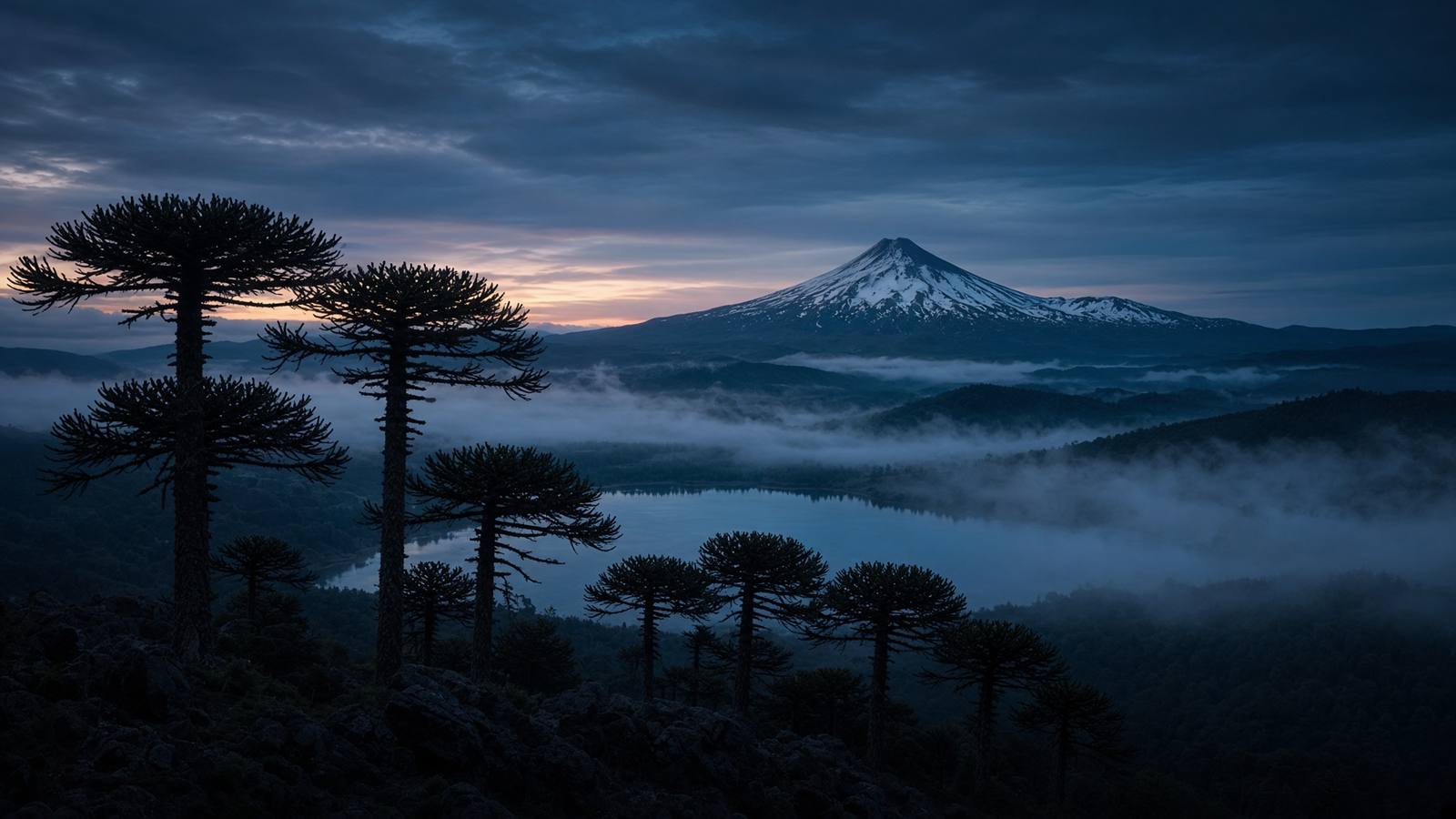 Araucarias y volcán en La Araucanía al amanecer