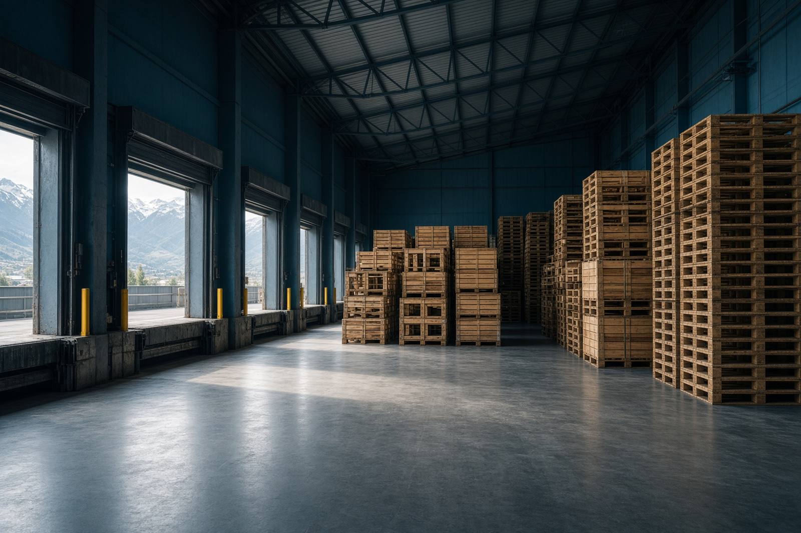 Bodega de logística con pallets y carga organizada